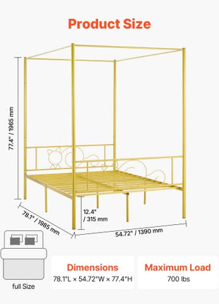 Full Size Canopy Bed Frame, Metal Canopy Bed with Minimalist Headboard & Four Posters Design, Heavy Duty Steel Slats Support, Underbed Storage Space, No Box Spring Needed, Easy Assembly, Gold
