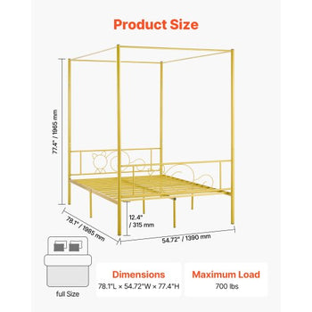 Full Size Canopy Bed Frame, Metal Canopy Bed with Minimalist Headboard & Four Posters Design, Heavy Duty Steel Slats Support, Underbed Storage Space, No Box Spring Needed, Easy Assembly, Gold
