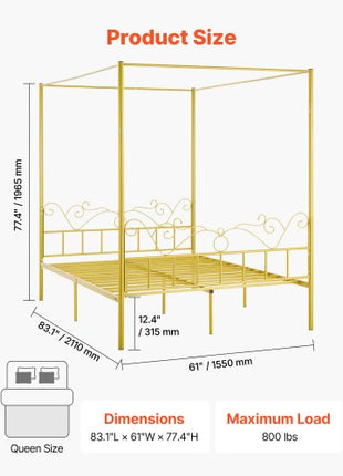 Queen Size Canopy Bed Frame, Metal Canopy Bed with Minimalist Headboard & Four Posters Design, Heavy Duty Steel Slats Support, Underbed Storage Space, No Box Spring Needed, Easy Assembly, Gold