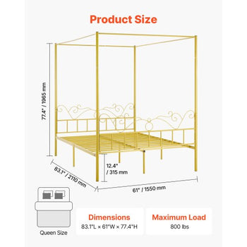 Queen Size Canopy Bed Frame, Metal Canopy Bed with Minimalist Headboard & Four Posters Design, Heavy Duty Steel Slats Support, Underbed Storage Space, No Box Spring Needed, Easy Assembly, Gold