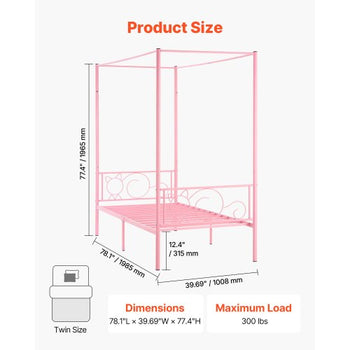 Twin Size Canopy Bed Frame, Metal Canopy Bed with Minimalist Headboard & Four Posters Design, Heavy Duty Steel Slats Support, Underbed Storage Space, No Box Spring Needed, Easy Assembly, Pink