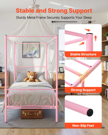 Twin Size Canopy Bed Frame, Metal Canopy Bed with Minimalist Headboard & Four Posters Design, Heavy Duty Steel Slats Support, Underbed Storage Space, No Box Spring Needed, Easy Assembly, Pink