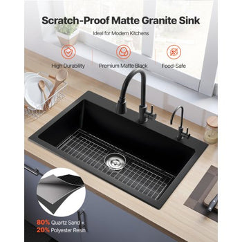 33 inch Kitchen Sink Workstation, Top Mount Granite Sinks, Drop-In Single Bowl Farmhouse Basin with Multiple Accessories, Household Dishwasher Sinks for RV, Prep Kitchen, and Bar (Black)