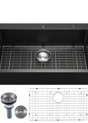 33 inch Kitchen Sink Workstation, Top Mount Granite Sinks, Drop-In Single Bowl Farmhouse Basin with Multiple Accessories, Household Dishwasher Sinks for RV, Prep Kitchen, and Bar (Black)