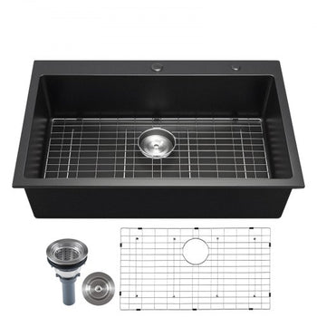 33 inch Kitchen Sink Workstation, Top Mount Granite Sinks, Drop-In Single Bowl Farmhouse Basin with Multiple Accessories, Household Dishwasher Sinks for RV, Prep Kitchen, and Bar (Black)