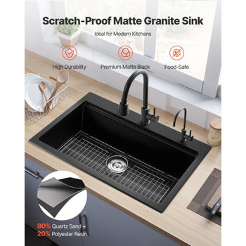 33 inch Kitchen Sink Workstation, Top Mount Granite Sinks, Drop-In Single Bowl Farmhouse Basin with Multiple Accessories, Household Dishwasher Sink for RV, Prep Kitchen, and Bar (Black)