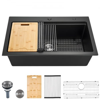 33 inch Kitchen Sink Workstation, Top Mount Granite Sinks, Drop-In Single Bowl Farmhouse Basin with Multiple Accessories, Household Dishwasher Sink for RV, Prep Kitchen, and Bar (Black)
