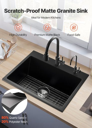 25 inch Kitchen Sink Workstation, Top Mount Granite Sinks, Drop-In Single Bowl Farmhouse Basin with Multiple Accessories, Household Dishwasher Sinks for RV, Prep Kitchen, and Bar (Black)