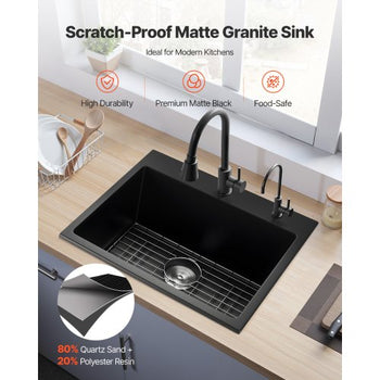 25 inch Kitchen Sink Workstation, Top Mount Granite Sinks, Drop-In Single Bowl Farmhouse Basin with Multiple Accessories, Household Dishwasher Sinks for RV, Prep Kitchen, and Bar (Black)