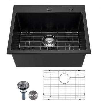 25 inch Kitchen Sink Workstation, Top Mount Granite Sinks, Drop-In Single Bowl Farmhouse Basin with Multiple Accessories, Household Dishwasher Sinks for RV, Prep Kitchen, and Bar (Black)