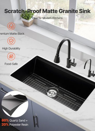 33 inch Kitchen Sink Workstation, Undermount Granite Sink, Drop-In Single Bowl Farmhouse Basin with Multiple Accessories, Household Dishwasher Sinks for RV, Prep Kitchen, and Bar (Black)