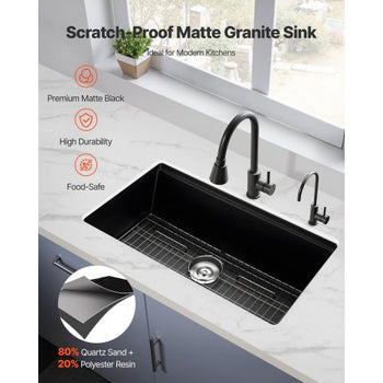 33 inch Kitchen Sink Workstation, Undermount Granite Sink, Drop-In Single Bowl Farmhouse Basin with Multiple Accessories, Household Dishwasher Sinks for RV, Prep Kitchen, and Bar (Black)