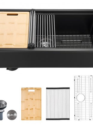 33 inch Kitchen Sink Workstation, Undermount Granite Sink, Drop-In Single Bowl Farmhouse Basin with Multiple Accessories, Household Dishwasher Sinks for RV, Prep Kitchen, and Bar (Black)