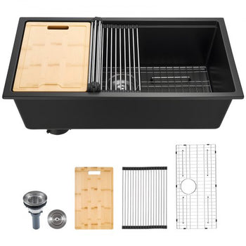 33 inch Kitchen Sink Workstation, Undermount Granite Sink, Drop-In Single Bowl Farmhouse Basin with Multiple Accessories, Household Dishwasher Sinks for RV, Prep Kitchen, and Bar (Black)