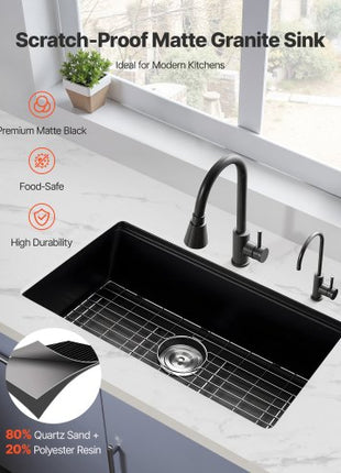 30 inch Kitchen Sink Workstation, Undermount Granite Sink, Drop-In Single Bowl Farmhouse Basin with Multiple Accessories, Household Dishwasher Sinks for RV, Prep Kitchen, and Bar (Black)