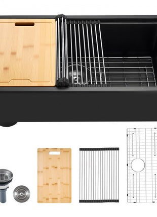 30 inch Kitchen Sink Workstation, Undermount Granite Sink, Drop-In Single Bowl Farmhouse Basin with Multiple Accessories, Household Dishwasher Sinks for RV, Prep Kitchen, and Bar (Black)