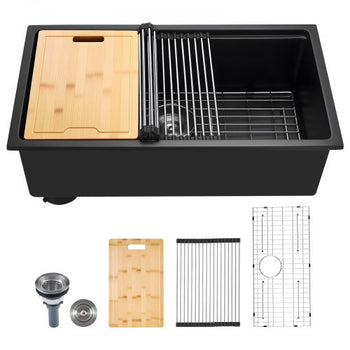 30 inch Kitchen Sink Workstation, Undermount Granite Sink, Drop-In Single Bowl Farmhouse Basin with Multiple Accessories, Household Dishwasher Sinks for RV, Prep Kitchen, and Bar (Black)
