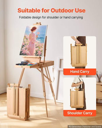 French Easel with Legs Foldable and Portable Sketchbox Easel Stand, For Painting, Solid Beech Wood, Holds Canvas up to 33.86", Adjustable Height & Angle, with Drawer, Palette, Shoulder Strap