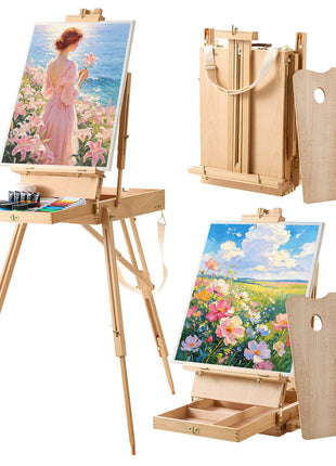 French Easel with Legs Foldable and Portable Sketchbox Easel Stand, For Painting, Solid Beech Wood, Holds Canvas up to 33.86", Adjustable Height & Angle, with Drawer, Palette, Shoulder Strap