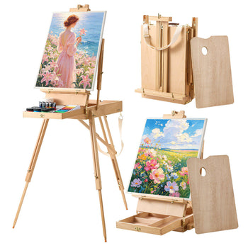 French Easel with Legs Foldable and Portable Sketchbox Easel Stand, For Painting, Solid Beech Wood, Holds Canvas up to 33.86", Adjustable Height & Angle, with Drawer, Palette, Shoulder Strap