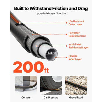Garden Hose, 200 ft 5/8" Heavy Duty Rubber Water Hose with 10 Mode Nozzle, 150PSI Working & 600PSI Burst, Flexible & Non-kink Outdoor Waterhose with 3/4" Fitting, Lightweight Hoses for Gardening
