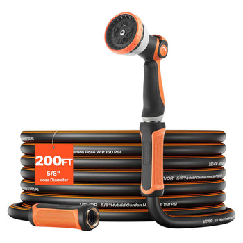 Garden Hose, 200 ft 5/8" Heavy Duty Rubber Water Hose with 10 Mode Nozzle, 150PSI Working & 600PSI Burst, Flexible & Non-kink Outdoor Waterhose with 3/4" Fitting, Lightweight Hoses for Gardening