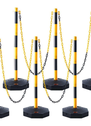 Yellow and black striped safety posts with chains, heavy-duty plastic bases, ideal for crowd control and event management.