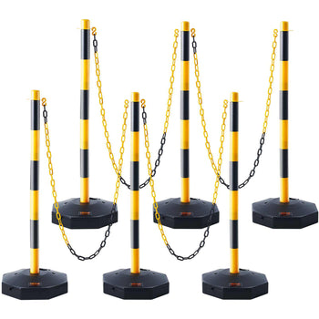 Yellow and black striped safety posts with chains, heavy-duty plastic bases, ideal for crowd control and event management.