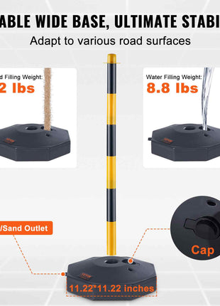 Black and yellow traffic cone base, 12 lbs sand or 8.8 lbs water fillable, 11.22" x 11.22" for stability on roads.