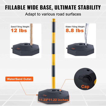 Black and yellow traffic cone base, 12 lbs sand or 8.8 lbs water fillable, 11.22" x 11.22" for stability on roads.