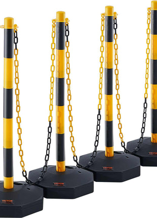 Black and yellow plastic safety barrier posts with chain, ideal for crowd control and outdoor events.