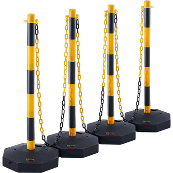 Black and yellow plastic safety barrier posts with chain, ideal for crowd control and outdoor events.