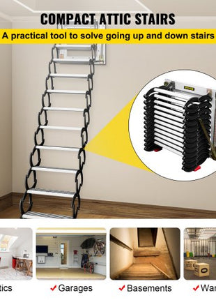 Attic Steps Pull Down 12 Steps Attic Stairs Alloy Attic Access Ladder, Black Pulldown Attic Stairs, Wall-mounted Folding Stairs for Attic, Retractable Attic Ladder with Armrests, 9.8 feet Height