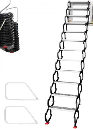 Attic Steps Pull Down 12 Steps Attic Stairs Alloy Attic Access Ladder, Black Pulldown Attic Stairs, Wall-mounted Folding Stairs for Attic, Retractable Attic Ladder with Armrests, 9.8 feet Height