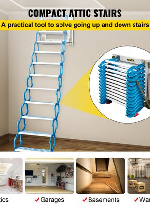 Attic Steps Pull Down 12 Steps Attic Stairs, Alloy Attic Access Ladder, Blue Pulldown Attic Stairs, Wall-mounted Folding Stairs for Attic, Retractable Attic Ladder with Armrests, 9.8 feet Height