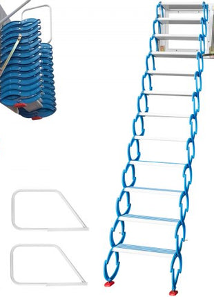 Attic Steps Pull Down 12 Steps Attic Stairs, Alloy Attic Access Ladder, Blue Pulldown Attic Stairs, Wall-mounted Folding Stairs for Attic, Retractable Attic Ladder with Armrests, 9.8 feet Height