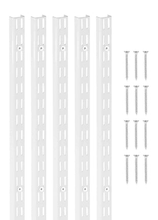 Shelf Pilaster, 60-inch 5 Pack, Dual Track Upright Wall Shelving System, Heavy Duty Support System Twin Slot Shelf Rails, 25 Screws, Suitable for Cabinet Closet Organization Storage, Silver