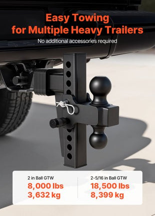 Adjustable Trailer Hitch, Fit 2 Inch Receiver, Trailer Hitch Mount with 2 Inch & 2-5/16 Inch Balls, 18500 lbs GTW, 8 Inch Drop, Towing Ball Mounts for RVs, Off-Road Vehicles and Trucks, Black