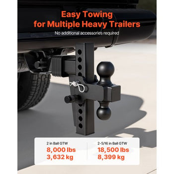 Adjustable Trailer Hitch, Fit 2 Inch Receiver, Trailer Hitch Mount with 2 Inch & 2-5/16 Inch Balls, 18500 lbs GTW, 8 Inch Drop, Towing Ball Mounts for RVs, Off-Road Vehicles and Trucks, Black
