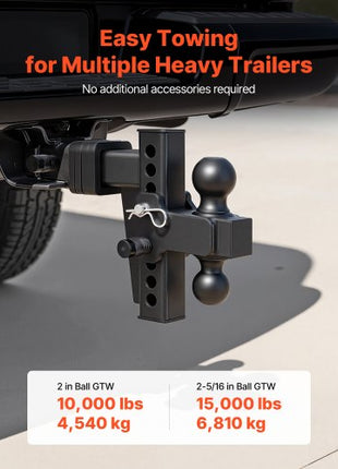 Adjustable Trailer Hitch, Fit 2 Inch Receiver, Trailer Hitch Mount with 2 Inch & 2-5/16 Inch Balls, 15000 lbs GTW, 6 Inch Drop, Towing Ball Mounts for RVs, Off-Road Vehicles and Trucks, Black