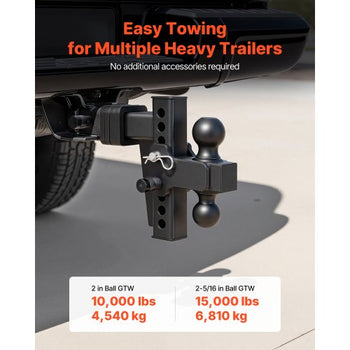 Adjustable Trailer Hitch, Fit 2 Inch Receiver, Trailer Hitch Mount with 2 Inch & 2-5/16 Inch Balls, 15000 lbs GTW, 6 Inch Drop, Towing Ball Mounts for RVs, Off-Road Vehicles and Trucks, Black