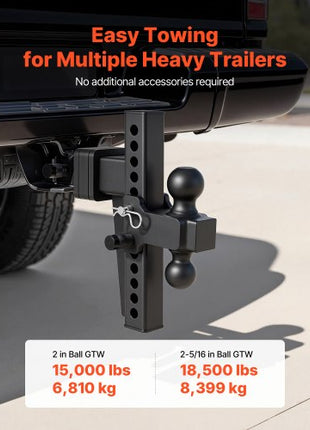 Adjustable Trailer Hitch, Fit 2.5 Inch Receiver, Trailer Hitch Mount with 2 Inch & 2-5/16 Inch Balls, 18500 lbs GTW, 10 Inch Drop, Towing Ball Mounts for RVs, Off-Road Vehicles and Trucks, Black