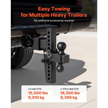 Adjustable Trailer Hitch, Fit 2.5 Inch Receiver, Trailer Hitch Mount with 2 Inch & 2-5/16 Inch Balls, 18500 lbs GTW, 10 Inch Drop, Towing Ball Mounts for RVs, Off-Road Vehicles and Trucks, Black