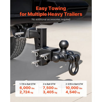 Trailer Hitch Tri Ball Mount with D Shackle, Fit 2 Inch Receiver, 1-7/8 Inch, 2 Inch and 2-5/16 Inch Balls, 10000 lbs GTW, 6 Inch Drop, Towing Hitch for RVs, Off-Road Vehicles and Trucks