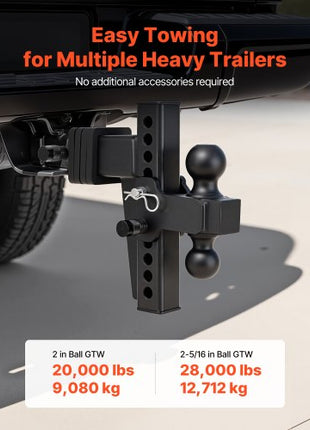 Adjustable Trailer Hitch, Fit 2.5 Inch Receiver, Trailer Hitch Mount with 2 Inch & 2-5/16 Inch Balls, 28000 lbs GTW, 8 Inch Drop, Towing Ball Mounts for RVs, Off-Road Vehicles and Trucks, Black