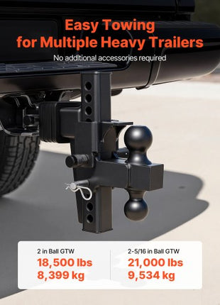 Adjustable Trailer Hitch, Fit 2.5 Inch Receiver, Trailer Hitch Mount with 2 Inch & 2-5/16 Inch Balls, 21000 lbs GTW, 9 Inch Drop, Towing Ball Mounts for RVs, Off-Road Vehicles and Trucks, Black