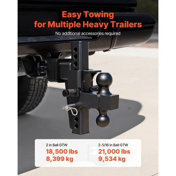 Adjustable Trailer Hitch, Fit 2.5 Inch Receiver, Trailer Hitch Mount with 2 Inch & 2-5/16 Inch Balls, 21000 lbs GTW, 9 Inch Drop, Towing Ball Mounts for RVs, Off-Road Vehicles and Trucks, Black