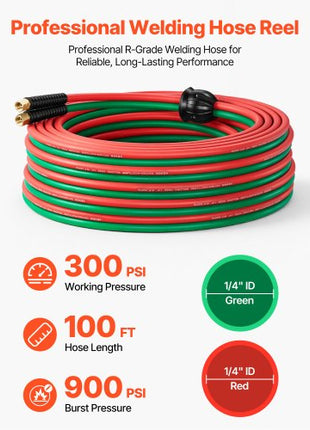 Retractable Welding Hose Reel, 1/4 Inch x 100FT Twin Oxygen Acetylene Rubber Hose Max 300PSI - R Grade, Ceiling/Wall Mount Heavy Duty Steel Hose Reel Auto-Rewind, Ideal for Workshops Garages