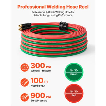 Retractable Welding Hose Reel, 1/4 Inch x 100FT Twin Oxygen Acetylene Rubber Hose Max 300PSI - R Grade, Ceiling/Wall Mount Heavy Duty Steel Hose Reel Auto-Rewind, Ideal for Workshops Garages