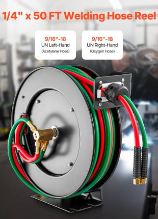 Retractable Welding Hose Reel, 1/4-Inch x 50FT Twin Oxygen Acetylene Rubber Hose Max 300PSI - R Grade, Ceiling/Wall Mount Heavy Duty Steel Hose Reel Auto-Rewind, Ideal for Workshops Garages